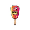 Vector Zombie ice cream with brain and red eyes isolated on white background. Halloween pink monster ice cream zombie