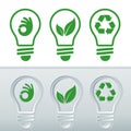 Vectorized icon sets for renewable energies. Light bulbs with icons of clean energies, bulb with leaf, bulb with recycling symbol