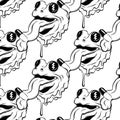 Vectorpattern with hand drawn illustration of frog with tongue and pill.