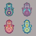 Set of colorful isolated lineless hamsa hands illustrations