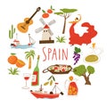 Nine vector symbols of Spain. Culture, food, ship and archtecture.