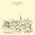 Belgrade, Serbia hand drawn postcard. Belgrade skyline view from river Sava. Hand drawing. Serbian travel sketch. Vintage Royalty Free Stock Photo