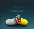 Vectral medical template. Opened yellow capsule isolated on dark background. Element for design. Realistic illustration. 3d