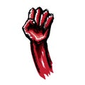 Vectro red fist isolated on white background. 1 may Labor day concept illustration with hand drawn doodle rised fist in Royalty Free Stock Photo