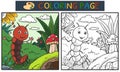 Coloring page or book with cute millipedes on green grass