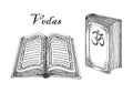 Vedas, Judaism religion Holy book. Ancient Hindu sacred texts, holy scriptures, sketch vector illustration.