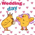 Vedding day illustration. Chicken in cartoon style. Two birds on the wedding card. Vector illustration isolated