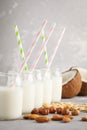 Vegan alternative nut milk in glass bottles on gray background. Royalty Free Stock Photo