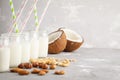 Vegan alternative nut milk in glass bottles on gray background. Royalty Free Stock Photo
