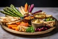 vegan appetizer platter with hummus and vegetables