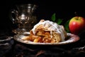 vegan apple strudel on a glass plate