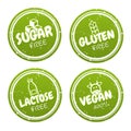 Vegan badges. Gluten, lactose, sugar free logo design templates. Healthy and natural