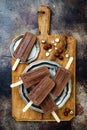 Vegan banana chocolate fudge popsicles with homemade hazelnut spread. Creamy dairy free ice pops, nicecream, fudgesicles. Royalty Free Stock Photo