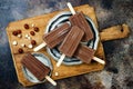 Vegan banana chocolate fudge popsicles with homemade hazelnut spread. Creamy dairy free ice pops, nicecream, fudgesicles. Royalty Free Stock Photo