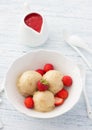 Vegan banana ice cream with strawberry sauce and fresh strawberries Royalty Free Stock Photo