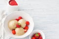 Vegan banana ice cream with strawberry sauce and fresh strawberries Royalty Free Stock Photo