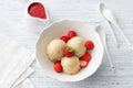 Vegan banana ice cream with strawberry sauce and fresh strawberries Royalty Free Stock Photo