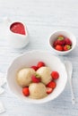 Vegan banana ice cream with strawberry sauce and fresh strawberries Royalty Free Stock Photo