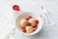 Vegan banana ice cream with strawberry sauce and fresh strawberries Royalty Free Stock Photo