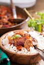 Vegan bean chili served on rice