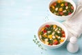 Vegan bean soup with vegetables and kale cabbage in white bowls on blue background Royalty Free Stock Photo