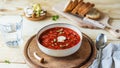 Vegan beetroot soup with mushrooms in a bowl, bread, glass of water on a wooden background Royalty Free Stock Photo