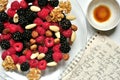 Vegan breakfast with berries and coffee