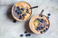 Vegan breakfast - chocolate smoothie bowl with chia pudding, peanut butter and berries in gray bowl