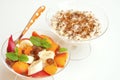 Vegan breakfast with oatmeal porridge and fruit
