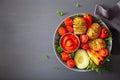 Vegan buddha bowl. healthy lunch bowl with hasselback potato, av