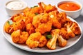 Vegan Buffalo Cauliflower Bites On White Round Plate On White Background. Generative AI Royalty Free Stock Photo