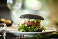 Vegan burger. Black bun, tofu-avocado salad, mayonnaise, cucumber, tomato, fresh salad. Delicious healthy hamburger food