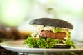 Vegan burger. Black bun, tofu-avocado salad, mayonnaise, cucumber, tomato, fresh salad. Delicious healthy hamburger food