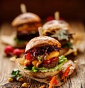 Vegan burger, carrot burger, homemade burger with carrot cutlet, grilled bell pepper, cherry tomatoes, red onion chutney, lettuce, Royalty Free Stock Photo