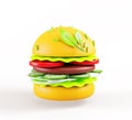 Vegan burger with green spinach leaves on bun 3d render icon. Healthy food, hamburger with plant based meat and