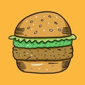 Vegan Burger with Guacamole. Vector illustration. Cartoon style. Isolated on yellow background.