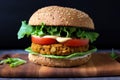 Vegan burger patty made with quinoa, lentils, and chickpeas with lettuce, tomato, and vegan mayo on a whole wheat bun Royalty Free Stock Photo