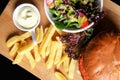 Vegan burger with salad, and french fries