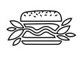 Vegan burger vector black line icon. Plant based hamburger. Green leaves instead of meat cutlet. Food product made from