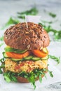 Vegan burger with vegetable cutlet, sweet potato, avocado, cucumber and arugula. Healthy plant based food concept Royalty Free Stock Photo