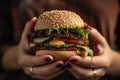 Vegan Burger In Womens Hands Closeup. Generative AI