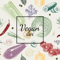 Vegan cafe logo over vegetable background