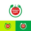 Vegan Cafe logo. Ripe red tomato, fork and spoon in the circle. Royalty Free Stock Photo