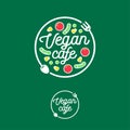 Vegan cafe logo. Snack bar or restaurant emblem. Fork, spoon and vegetables.