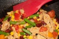 Vegan Chicken Vegetable Bean Stir Fry in Wok with Spatula