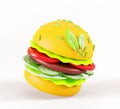 Vegan chickpea burger with vegetarian green leaf symbol 3d render. Healthy diet, cartoon icon hamburger with plant based