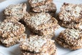 Vegan cookies from wheat and raisins on plate. Top angle view