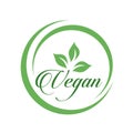 Vegan cursive text logo with green leaves for organic Vegetarian friendly diet- Universal vegetarian symbol