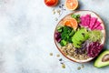 Vegan, detox Buddha bowl with quinoa, micro greens, avocado, blood orange, broccoli, watermelon radish, alfalfa seed sprouts. Royalty Free Stock Photo