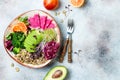 Vegan, detox Buddha bowl with quinoa, micro greens, avocado, blood orange, broccoli, watermelon radish, alfalfa seed sprouts. Royalty Free Stock Photo